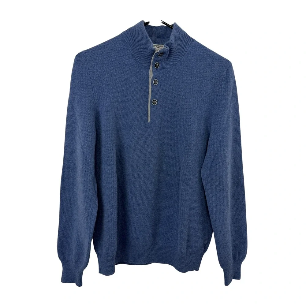 Carroll & Co Sweater Mens Blue Wool Cashmere Quarter Button Elbow Patches